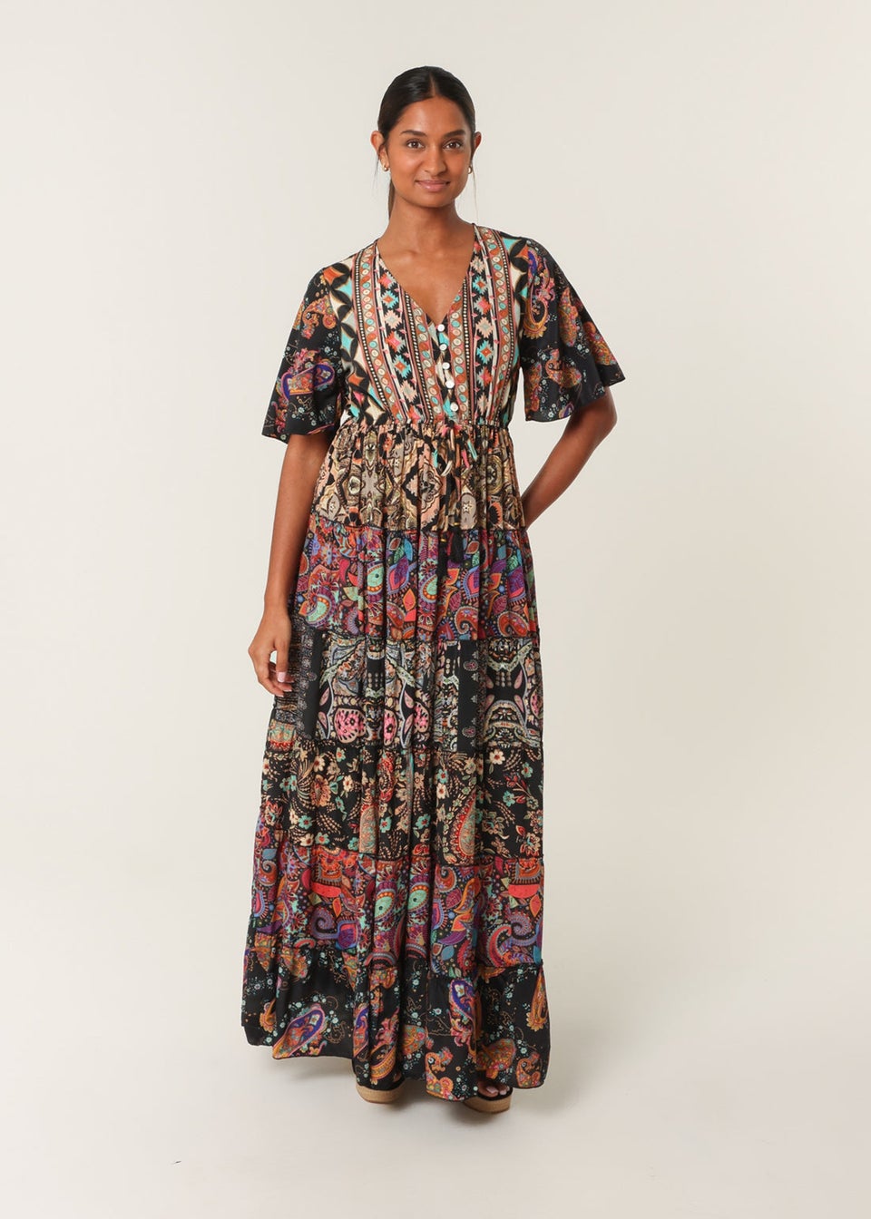 Blue Vanilla Black Angel Sleeve Button Front Maxi Dress
