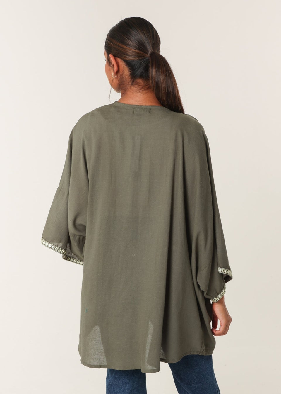 Blue Vanilla Khaki Embellished Kimono