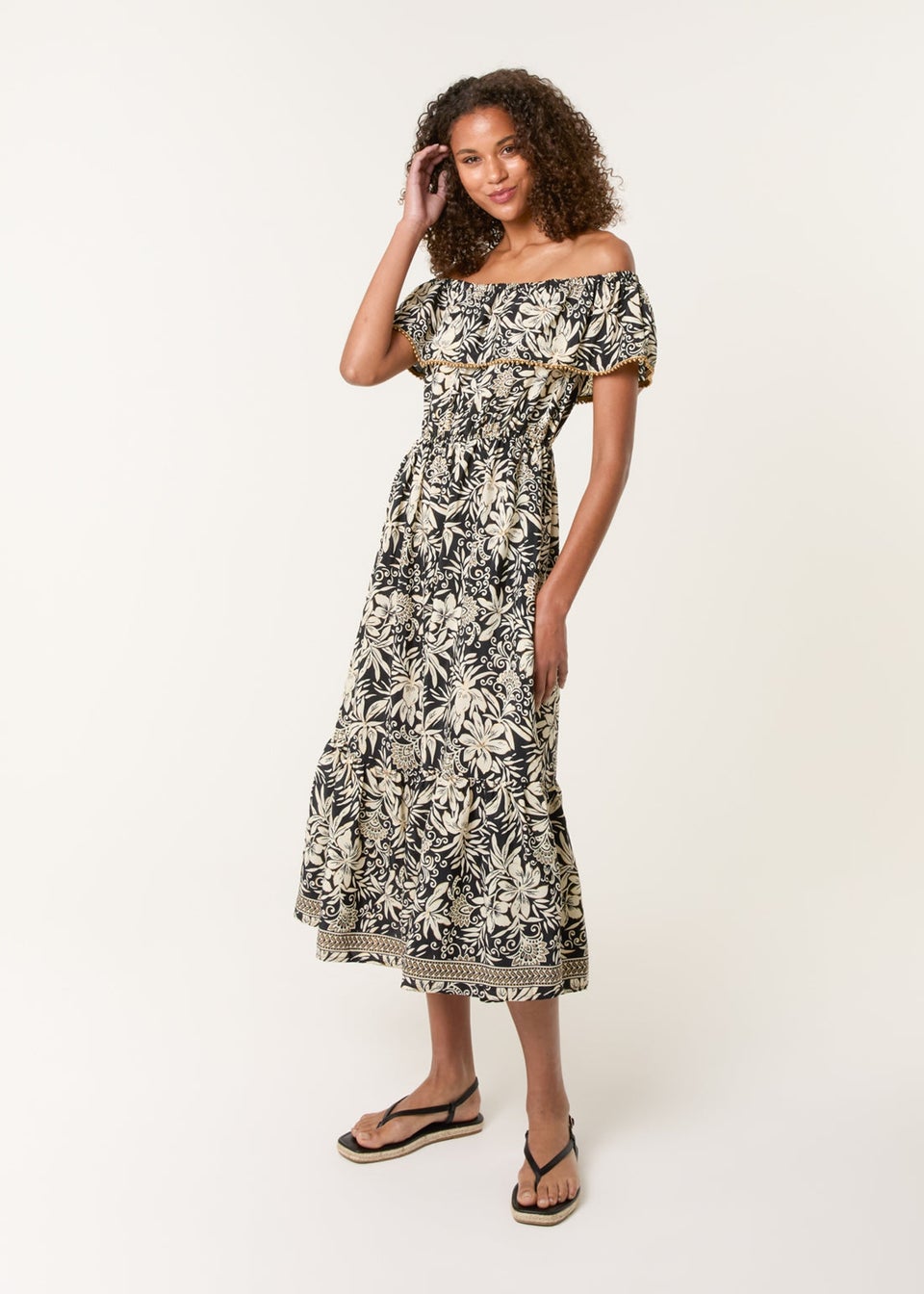 Blue Vanilla Black Gold Beaded Bardot Midi Dress