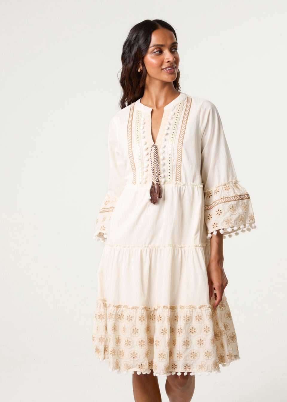 Blue Vanilla Ivory Embellished Tie Front Tunic Dress