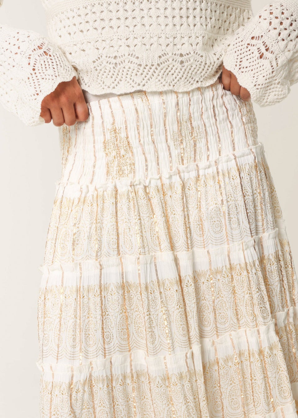 Blue Vanilla Ivory Foil Tiered Maxi Skirt