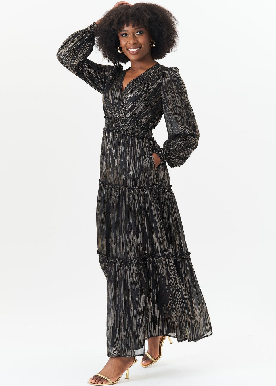 Gini London Black Lurex Chiffon Occassion Tiered Maxi Dress