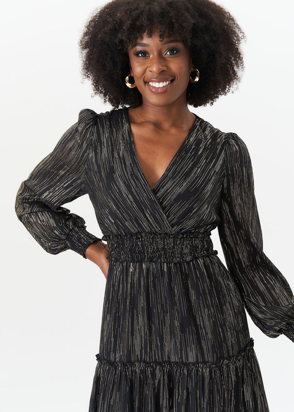 Gini London Black Lurex Chiffon Occassion Tiered Maxi Dress