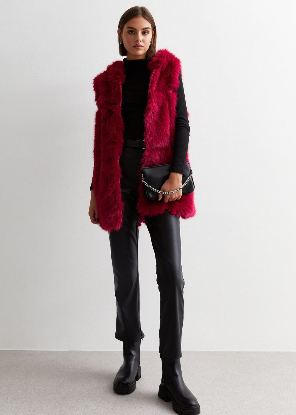 Gini London Red Soft Touch Fur Longline Gilet