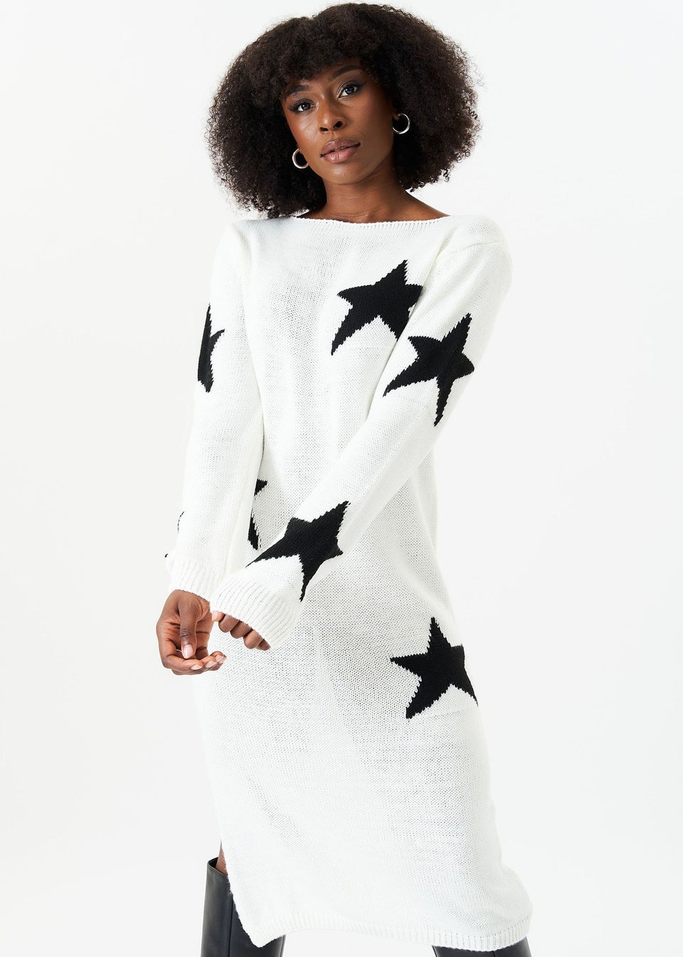 Gini London White Star Knit Oversized Jumper Dress