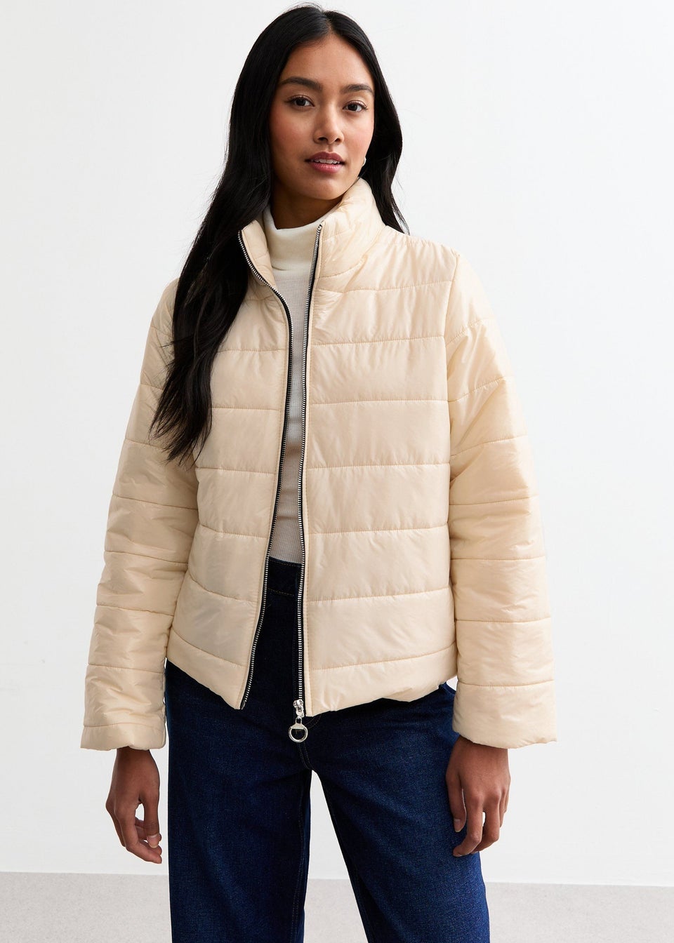 Gini London Cream Zip Front Quilted Short Jacket