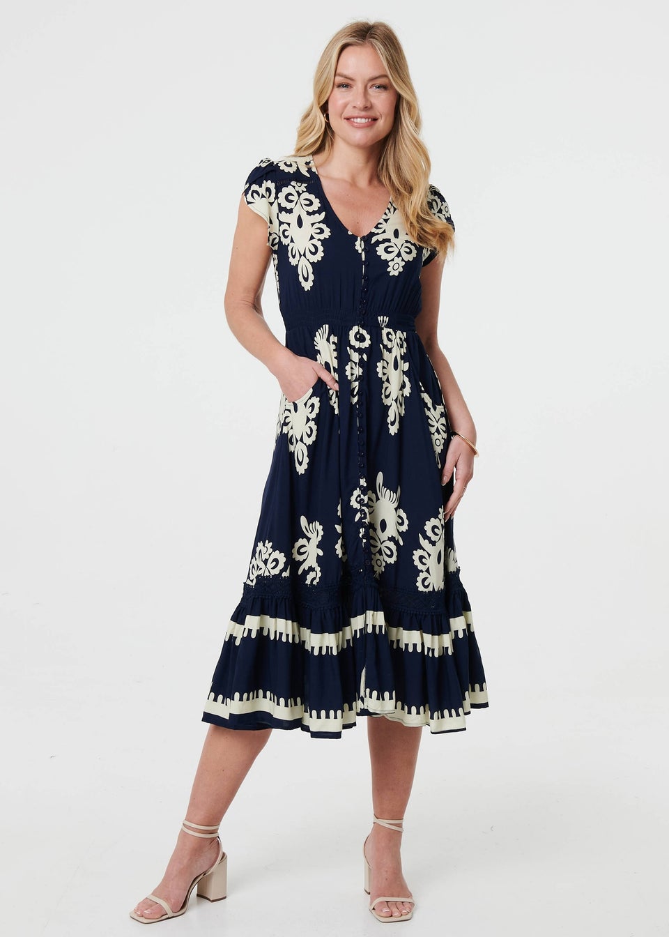Izabel London Navy Ikat Print Cap Sleeve Shirred Midi Dress