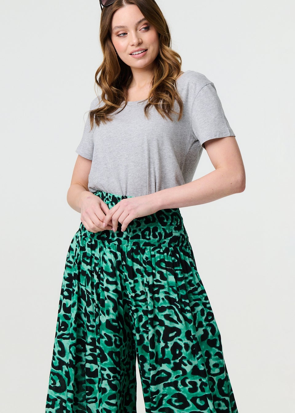 Izabel London Green Animal Print High Waist Palazzo Pants