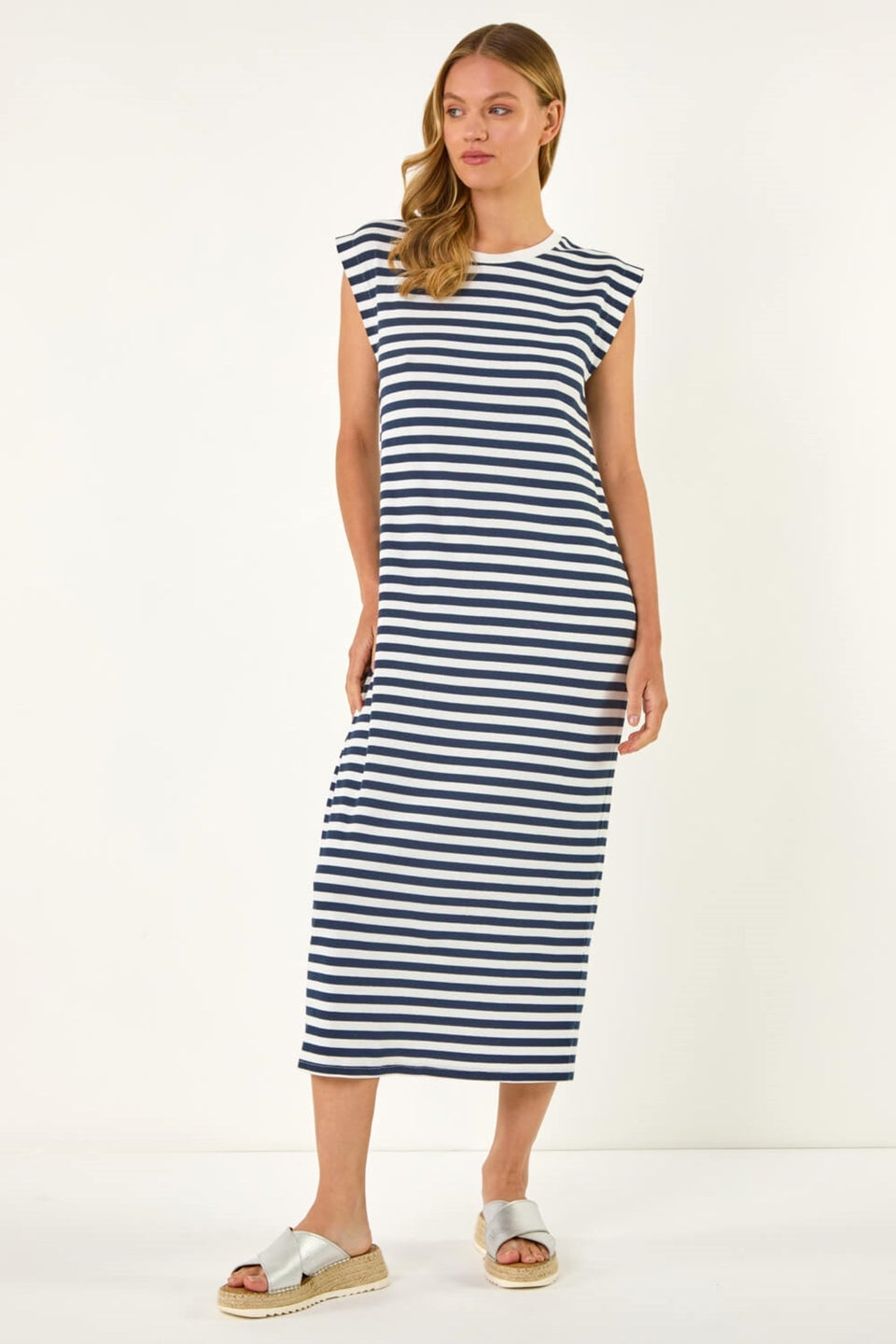 Roman Navy Ribbed Stripe Cap Sleeve Midi Dress