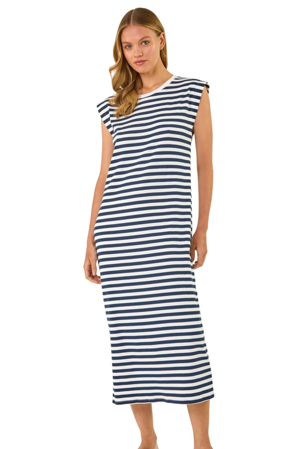 Roman Navy Ribbed Stripe Cap Sleeve Midi Dress