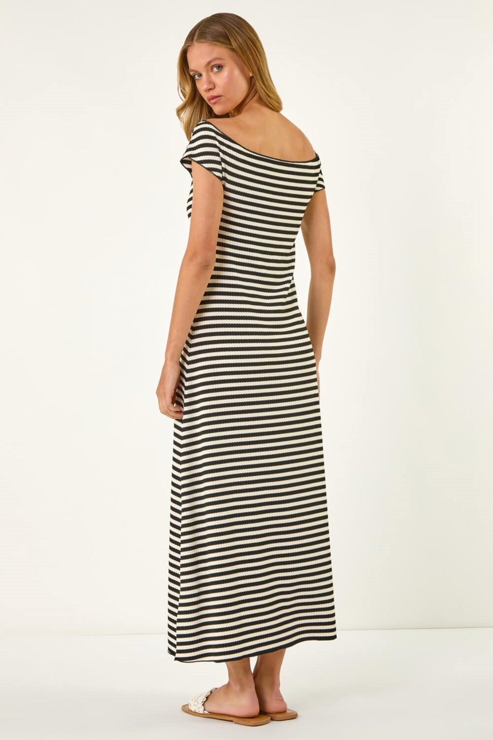 Roman Black Stripe Bardot Knit Midi Stretch Dress