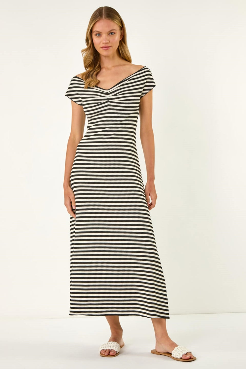 Roman Black Stripe Bardot Knit Midi Stretch Dress