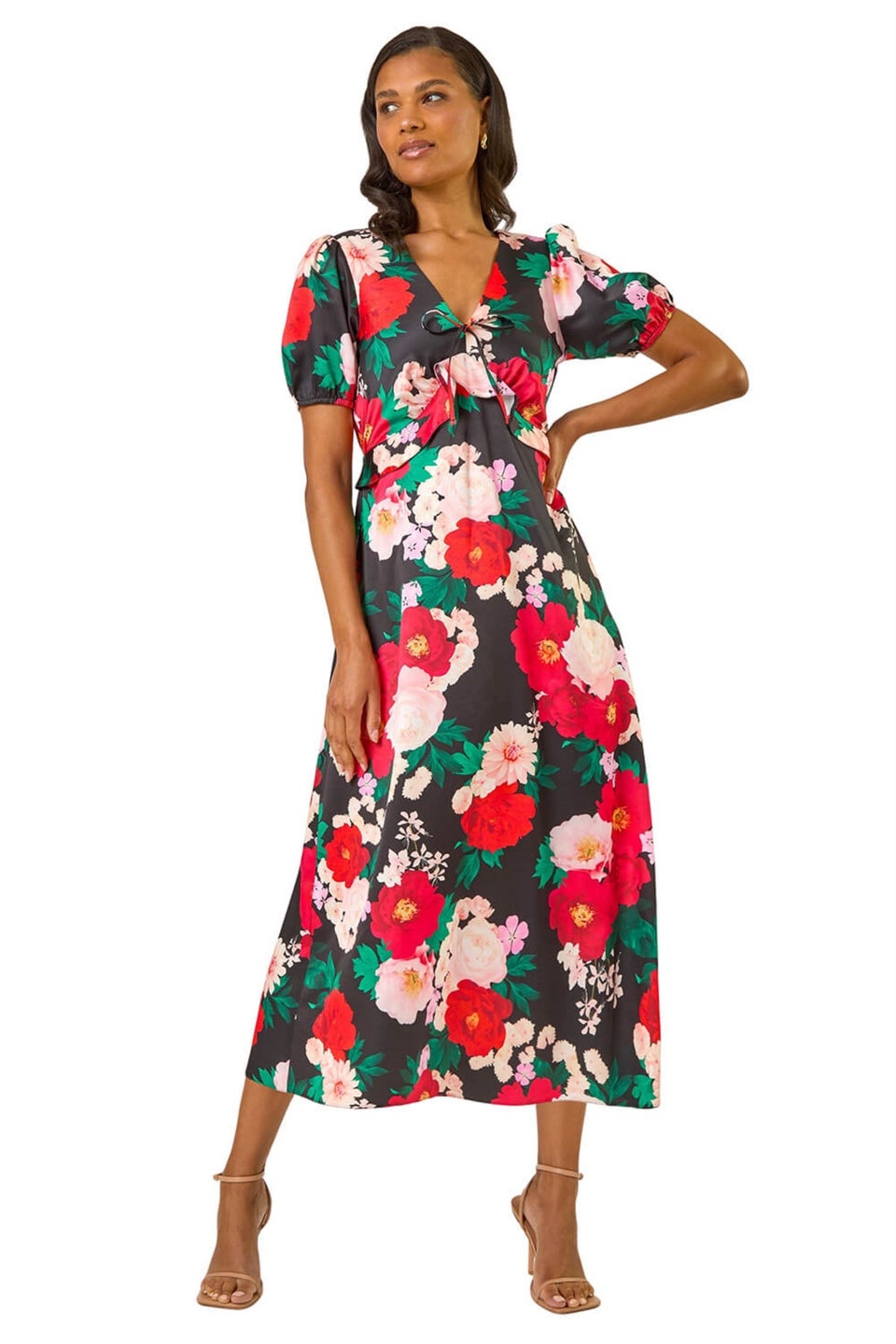 Roman Red Puff Sleeve Floral Satin Midi Dress