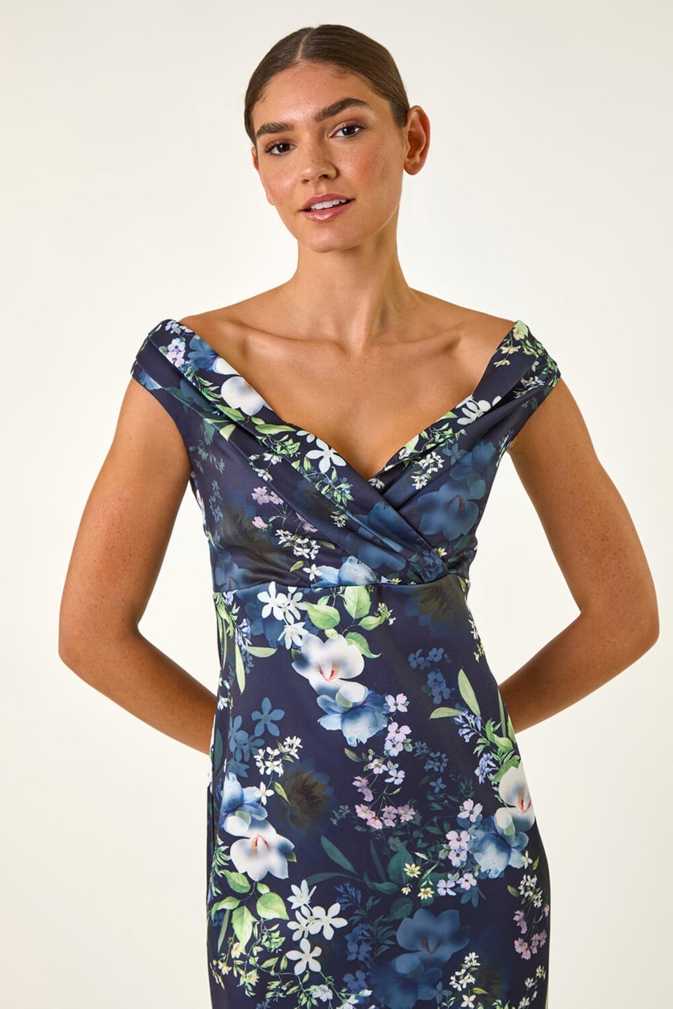 Roman Navy Floral Print Bardot Stretch Midi Dress
