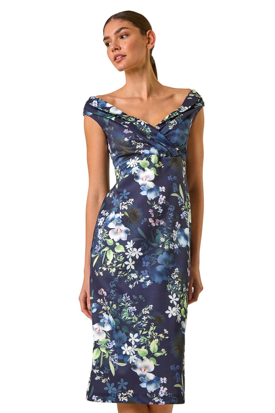 Roman Navy Floral Print Bardot Stretch Midi Dress