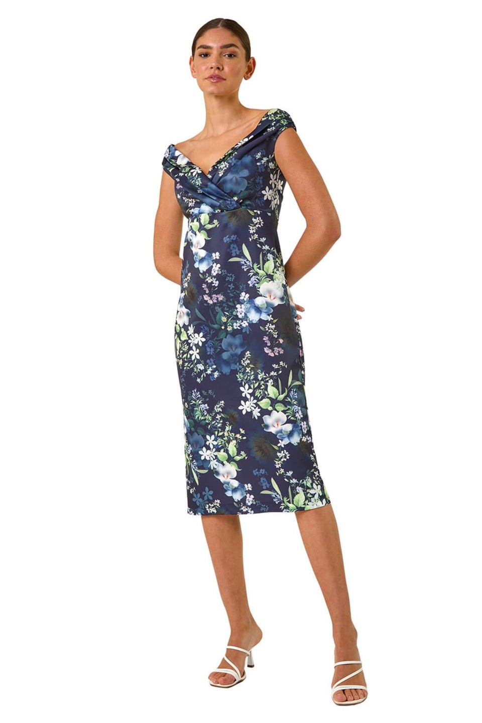 Roman Navy Floral Print Bardot Stretch Midi Dress