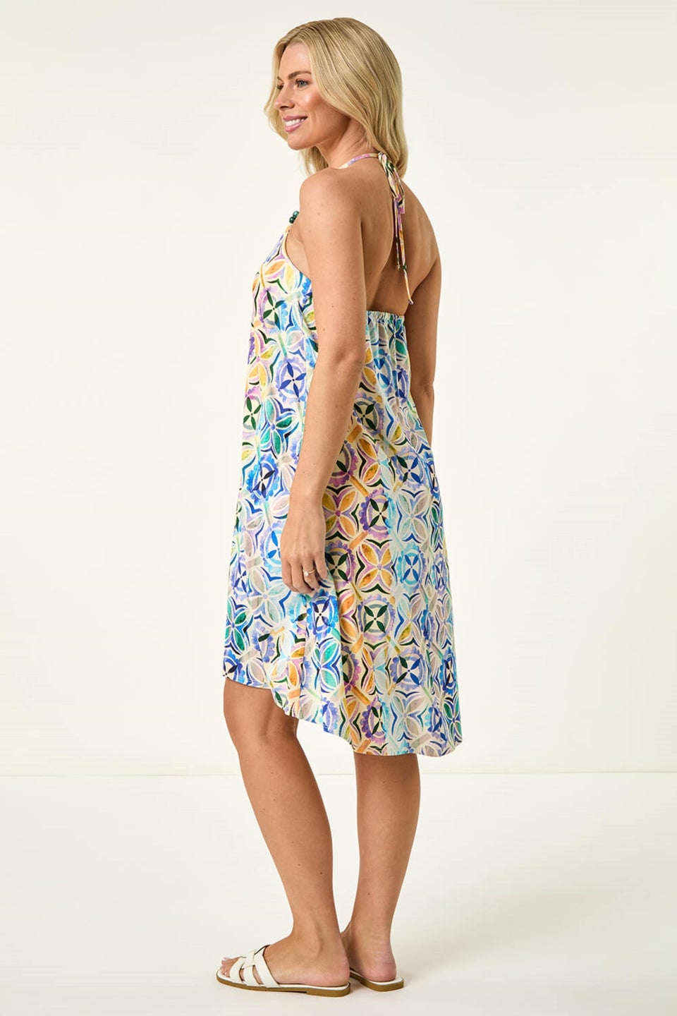 Roman Blue Petite Abstract Halter Neck Stretch Dress