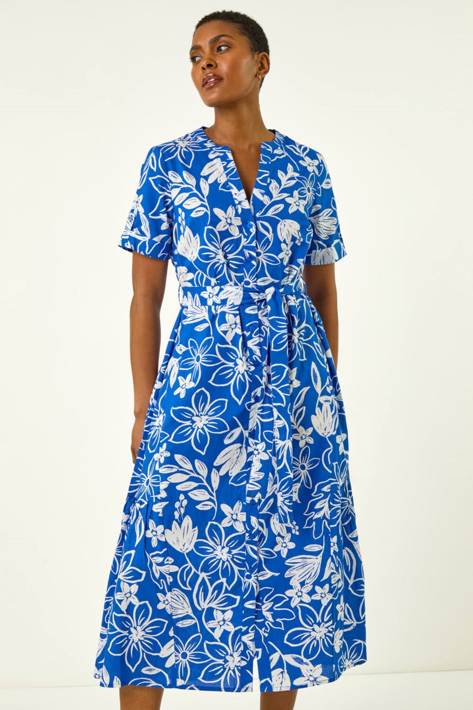 Roman Royal Blue Floral Print Tie Waist Midi Dress