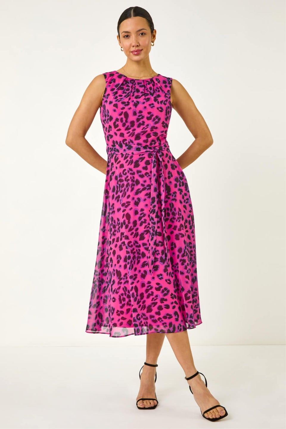 Roman Pink Animal Print Pleated Chiffon Dress