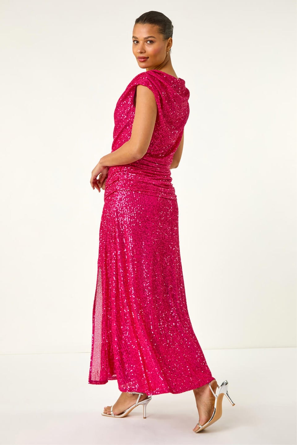 Roman Fuchsia Sequin Cowl Neck Maxi Stretch Dress