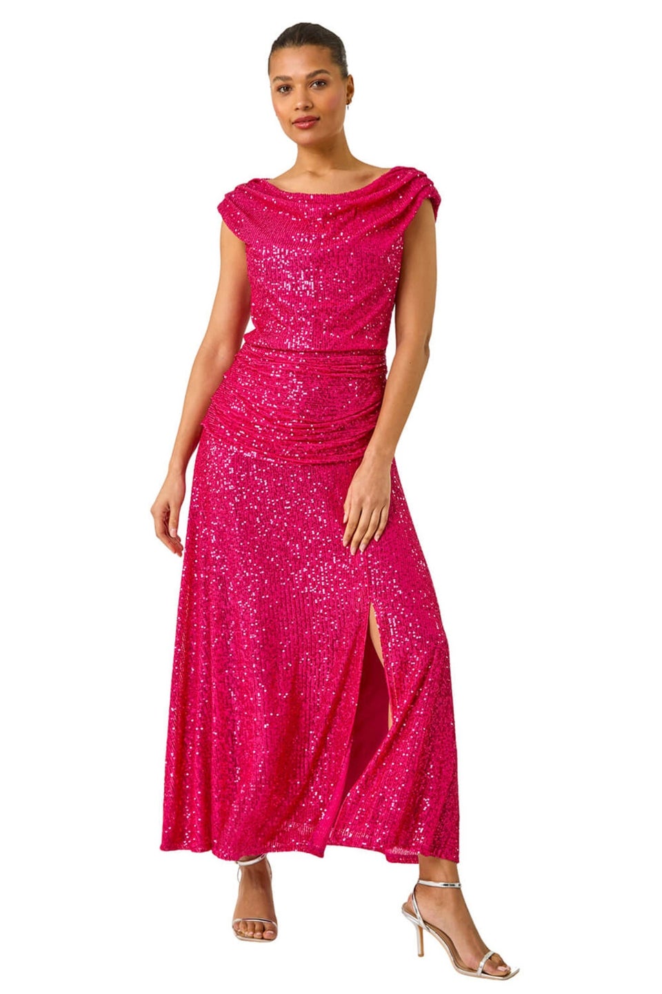 Roman Fuchsia Sequin Cowl Neck Maxi Stretch Dress
