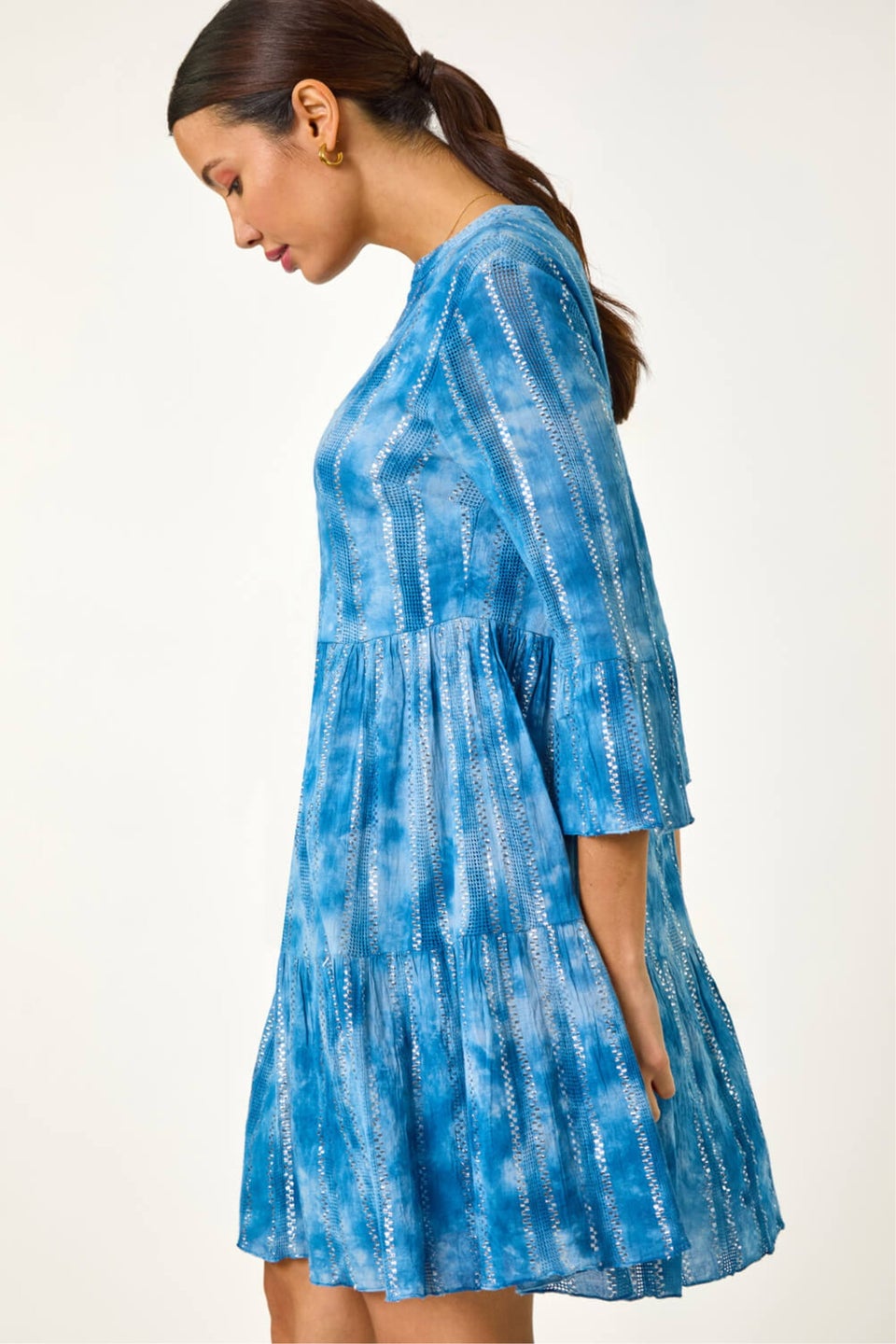 Roman Blue Tie Dye Print Shimmer Smock Dress