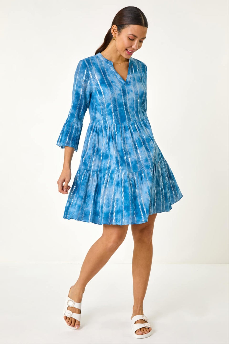Roman Blue Tie Dye Print Shimmer Smock Dress