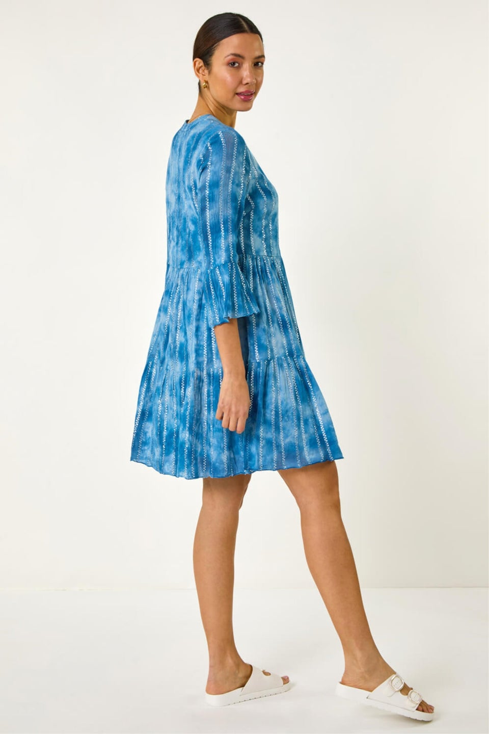 Roman Blue Tie Dye Print Shimmer Smock Dress