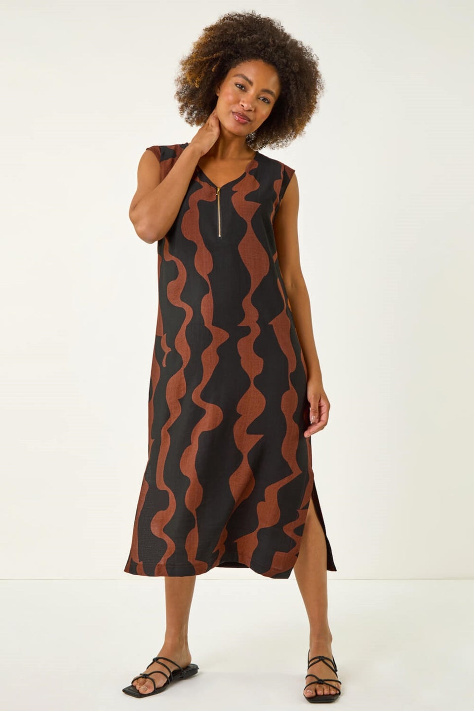 Roman Tan Wave Zip Front Midi Shift Dress
