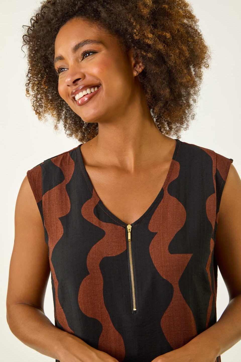 Roman Tan Wave Zip Front Midi Shift Dress