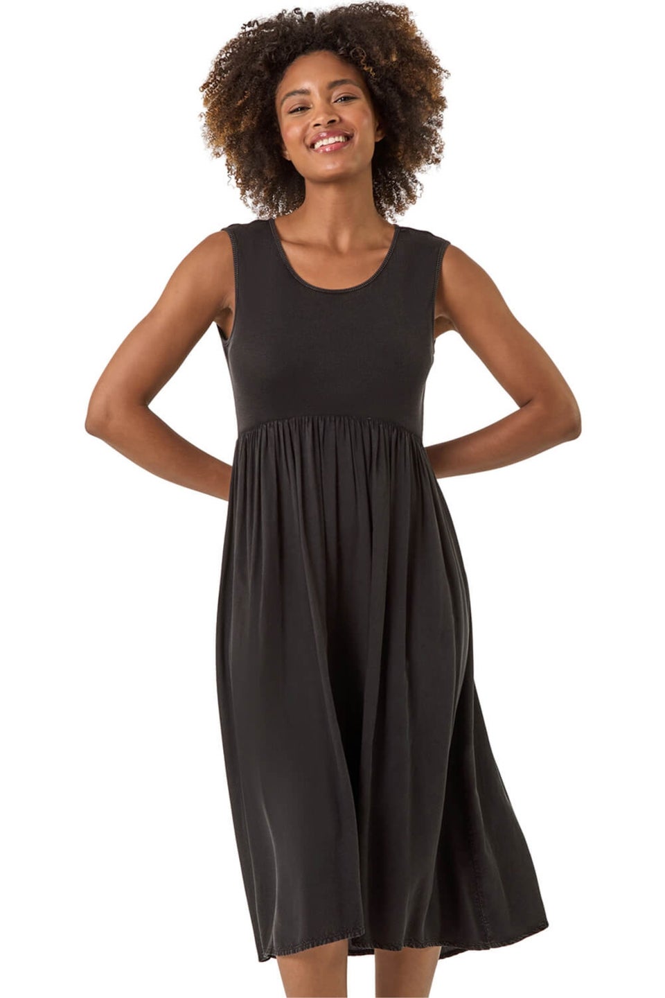 Roman Black Ribbed Stretch Midi Dress