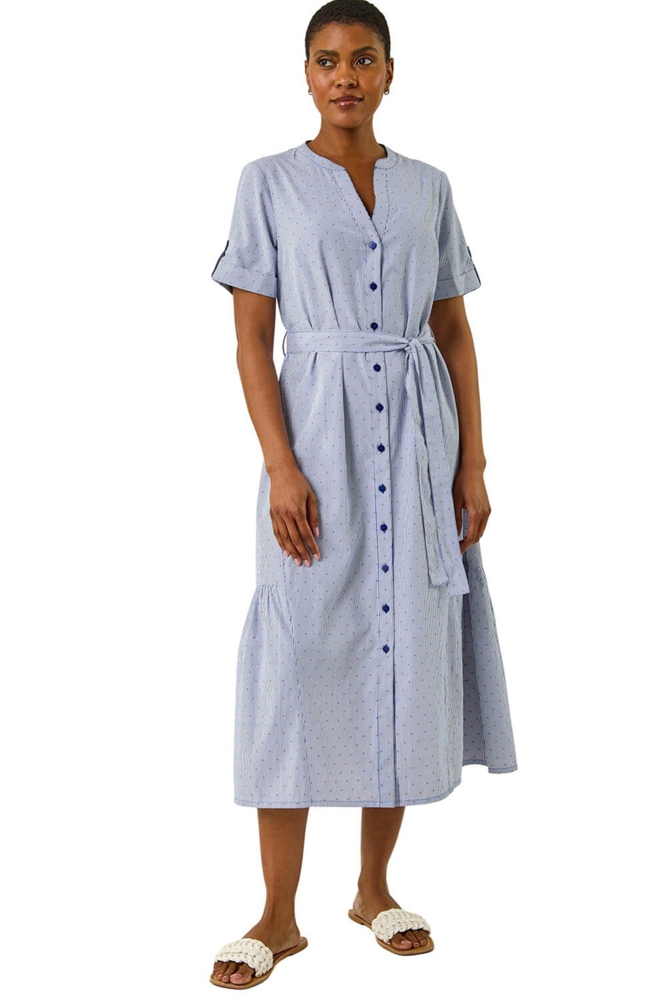 Roman Blue Stripe Tie Waist Midi Dress