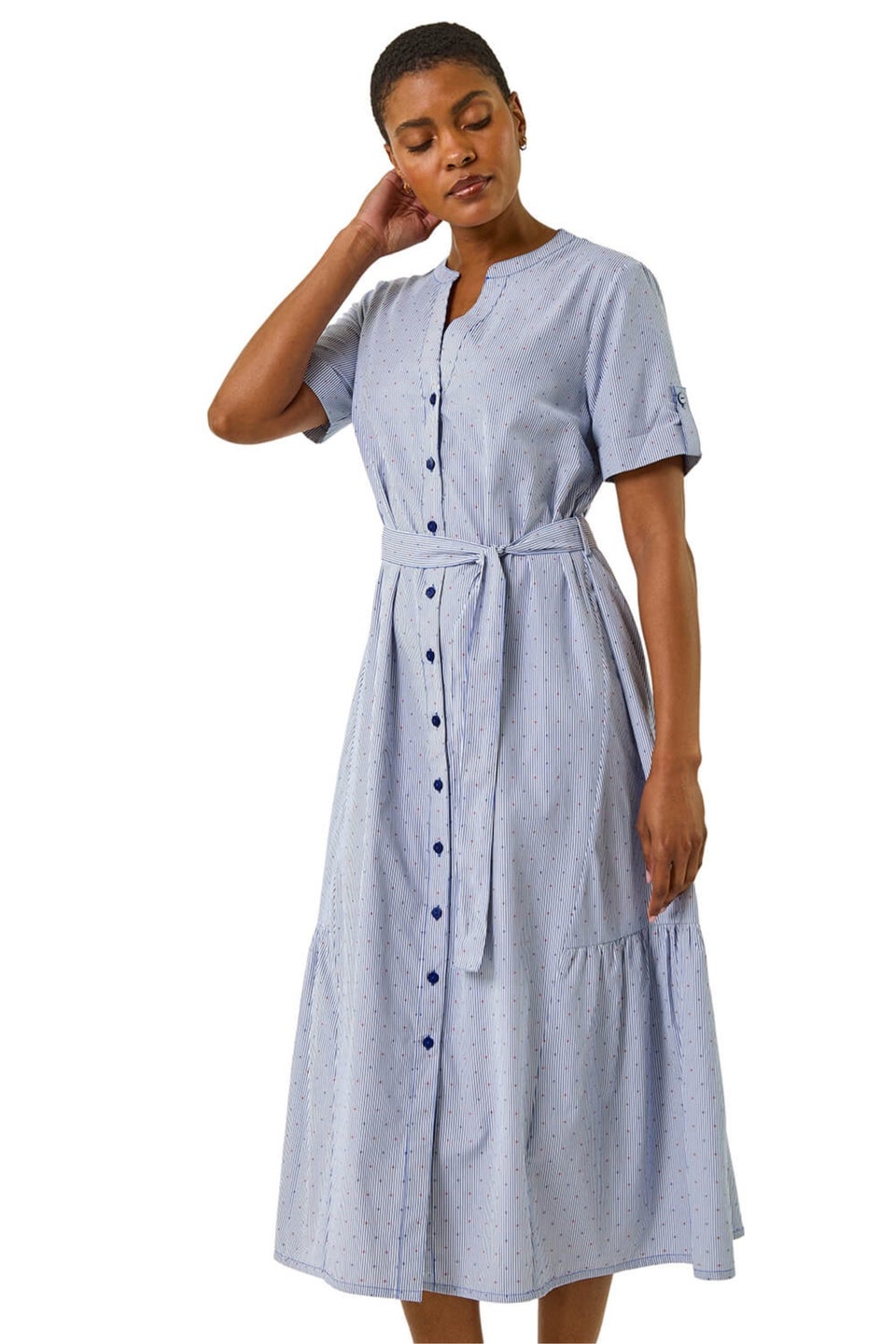 Roman Blue Stripe Tie Waist Midi Dress
