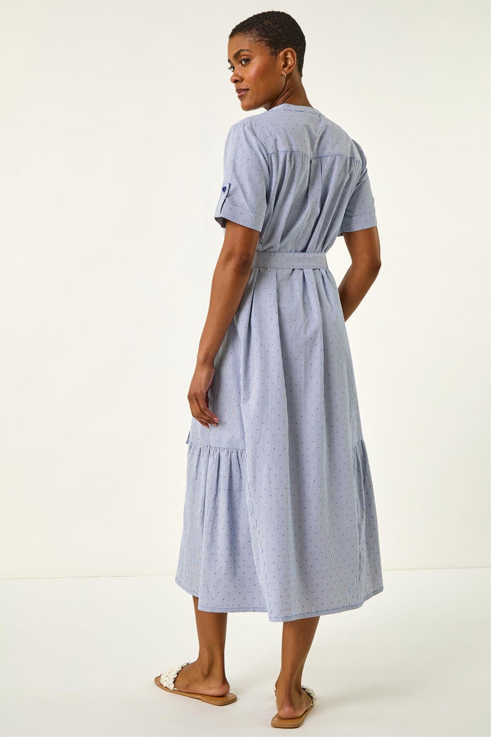 Roman Blue Stripe Tie Waist Midi Dress