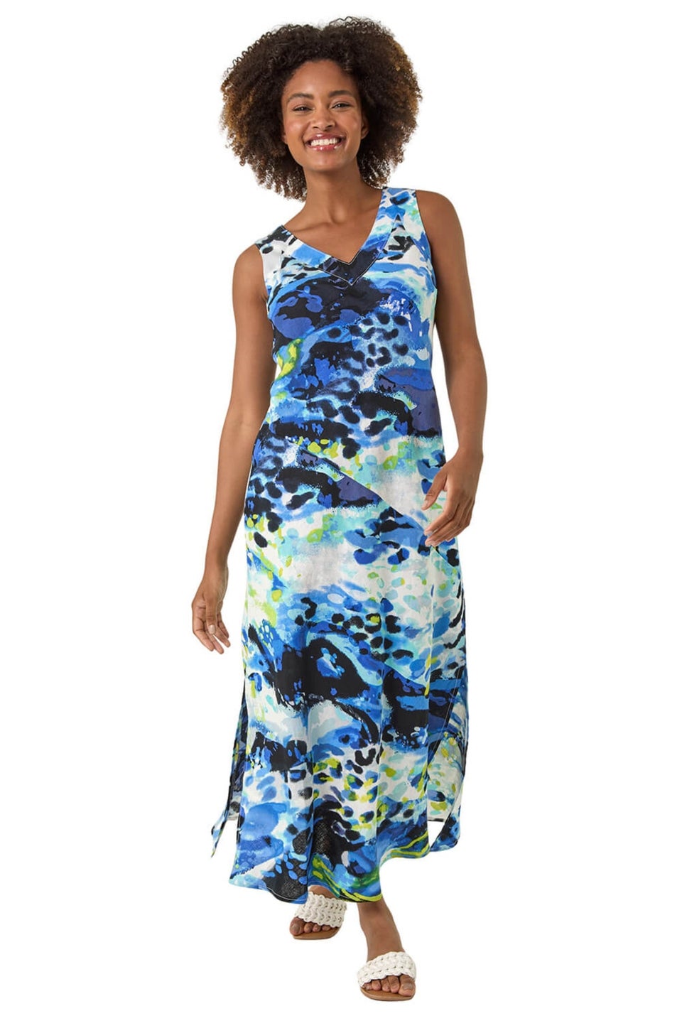 Roman Blue Abstract Linen Mix Midi Dress