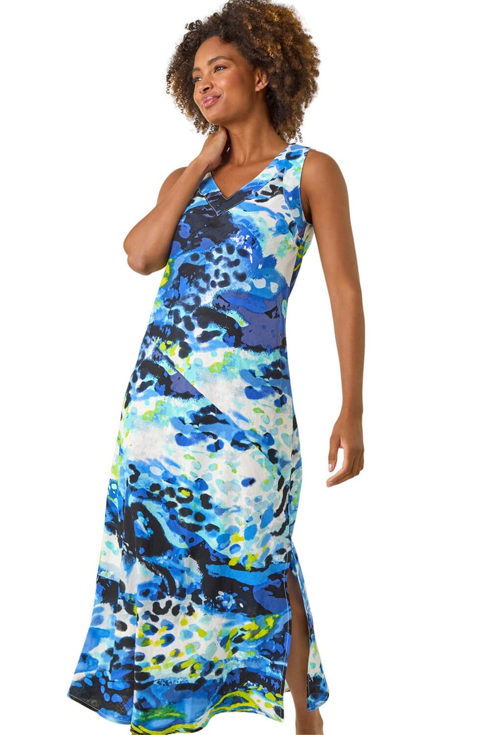 Roman Blue Abstract Linen Mix Midi Dress