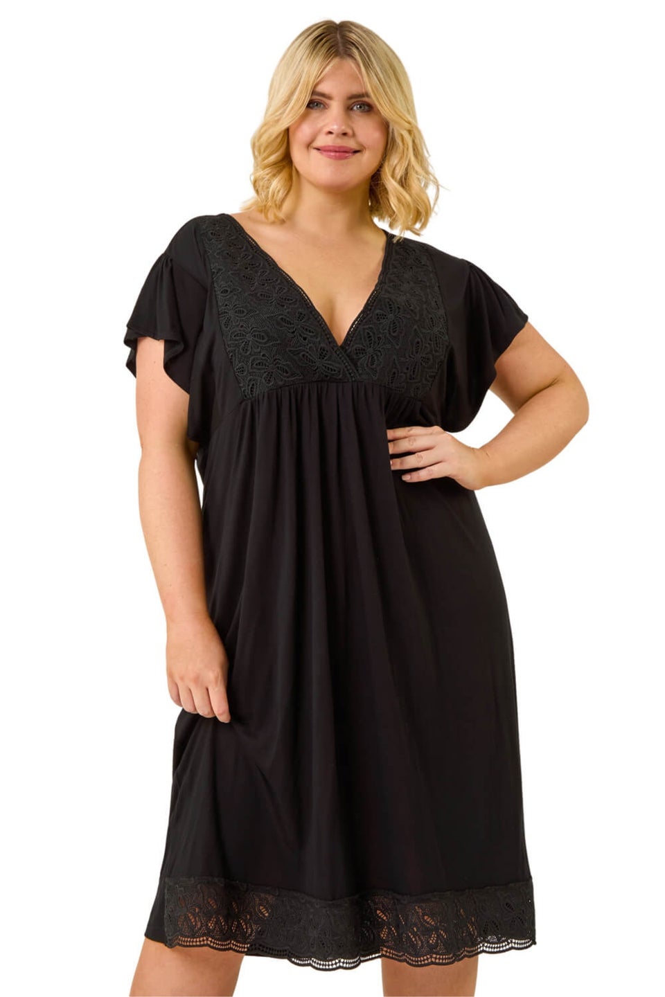 Roman Black Curve Lace V-Neck Midi Dress