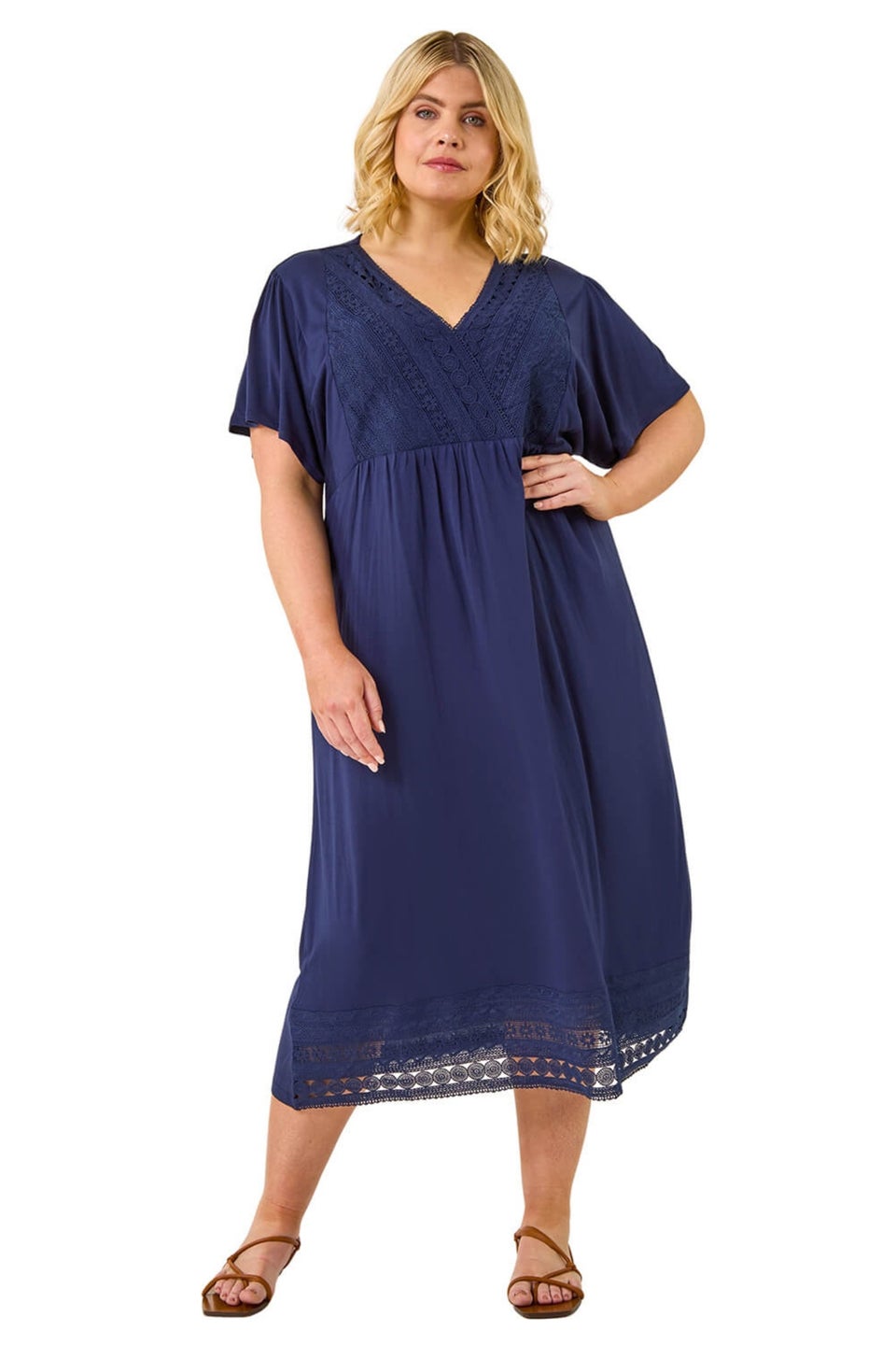Roman Navy Curve Lace V-Neck Dress