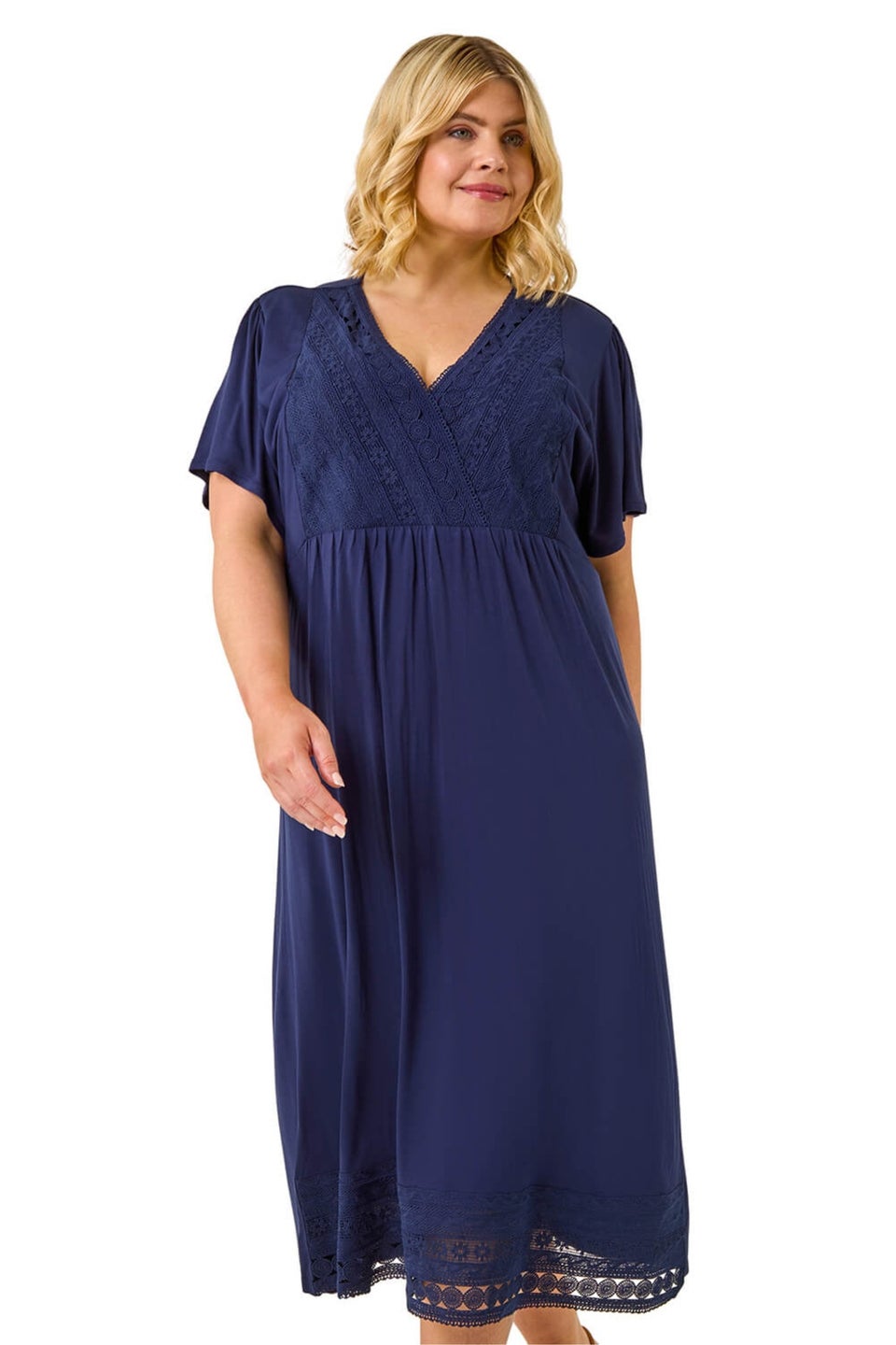 Roman Navy Curve Lace V-Neck Dress