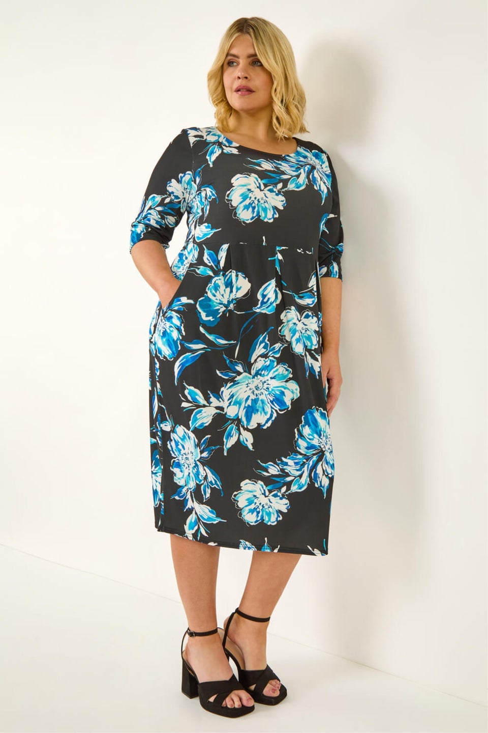 Roman Blue Curve Floral Print Pocket Dress