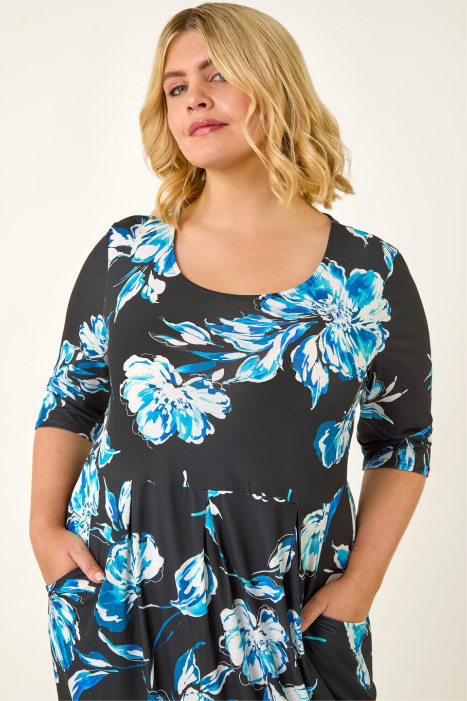 Roman Blue Curve Floral Print Pocket Dress