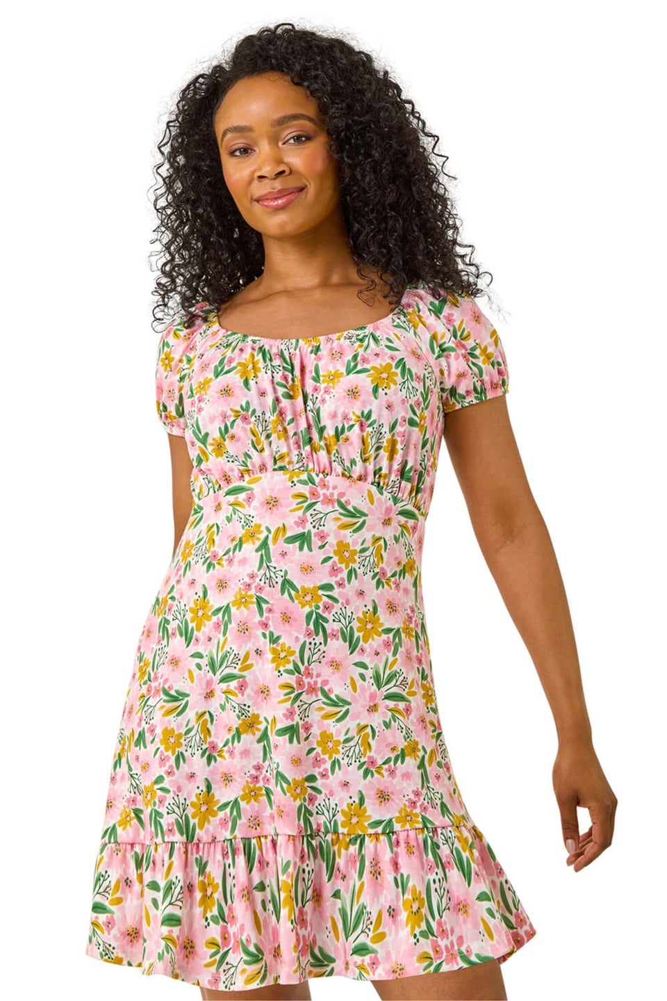 Roman Light Pink Petite Floral Print Frill Stretch Dress