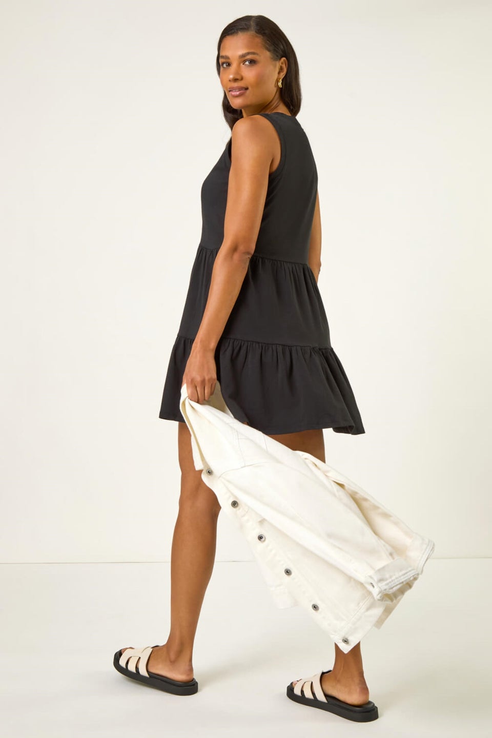 Roman Black Cotton Tiered Stretch Dress
