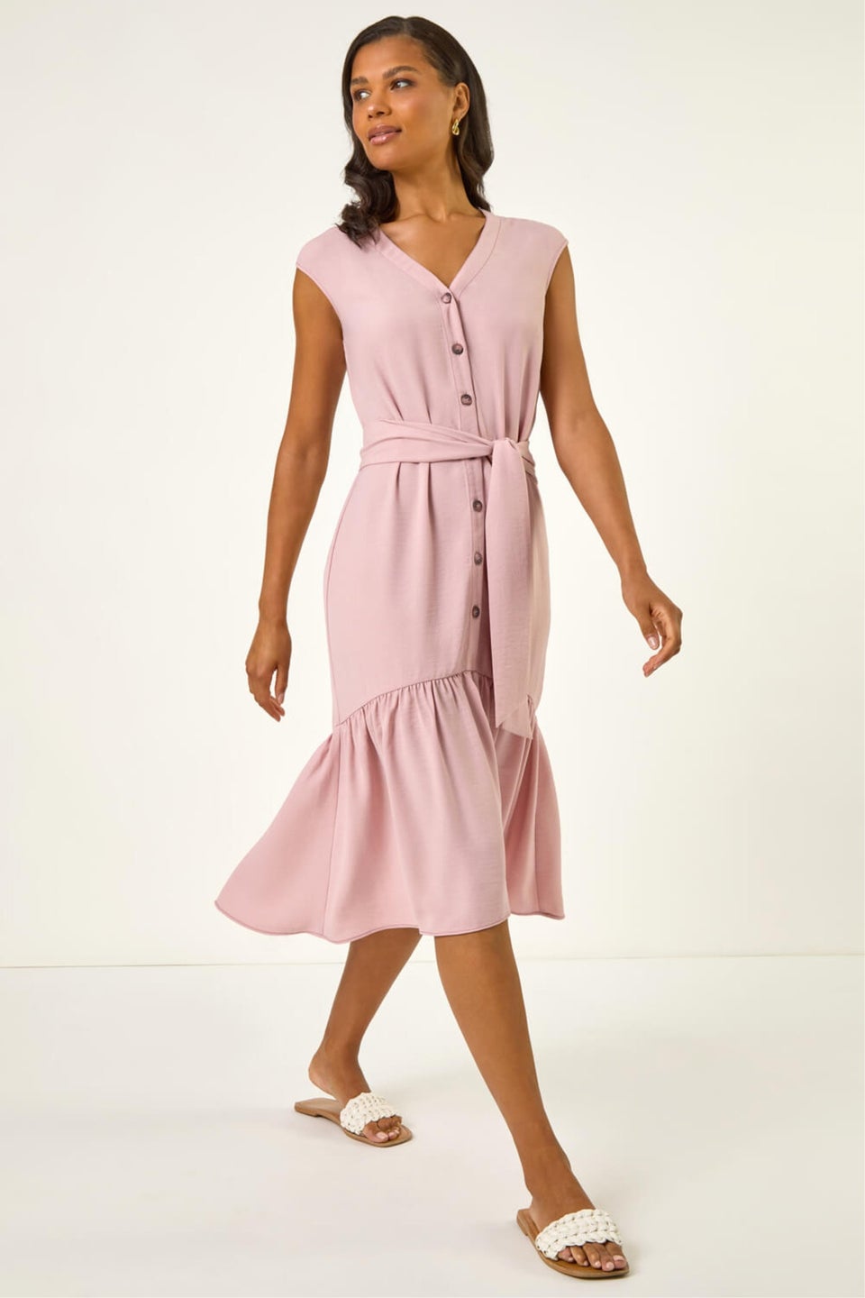 Roman Light Pink V-Neck Buttoned Tie Waist Midi Dress