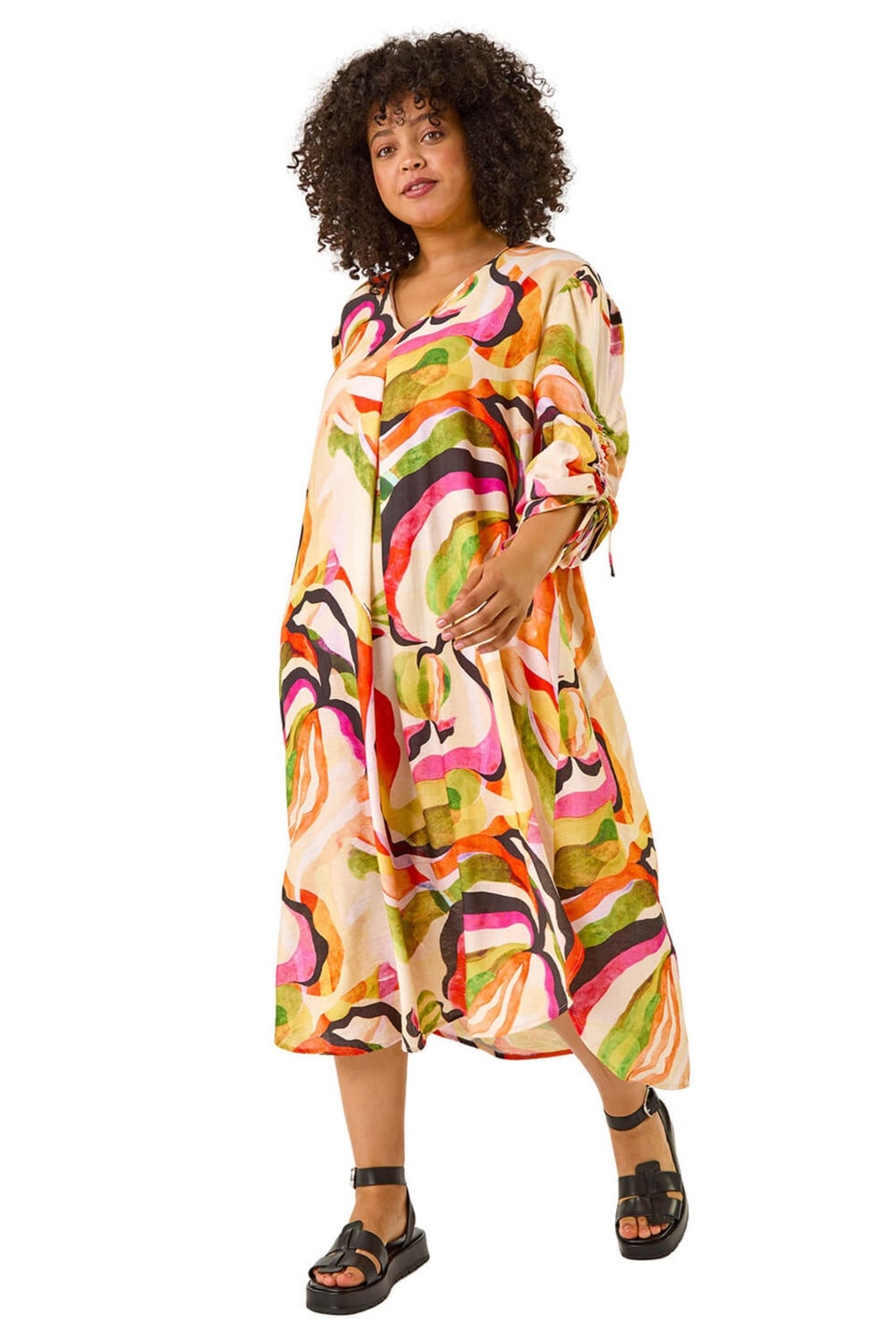 Roman Green Curve Swirl Print V-Neck Midi Dress