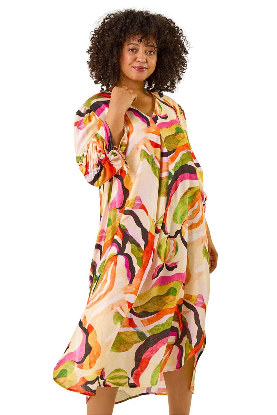 Roman Green Curve Swirl Print V-Neck Midi Dress