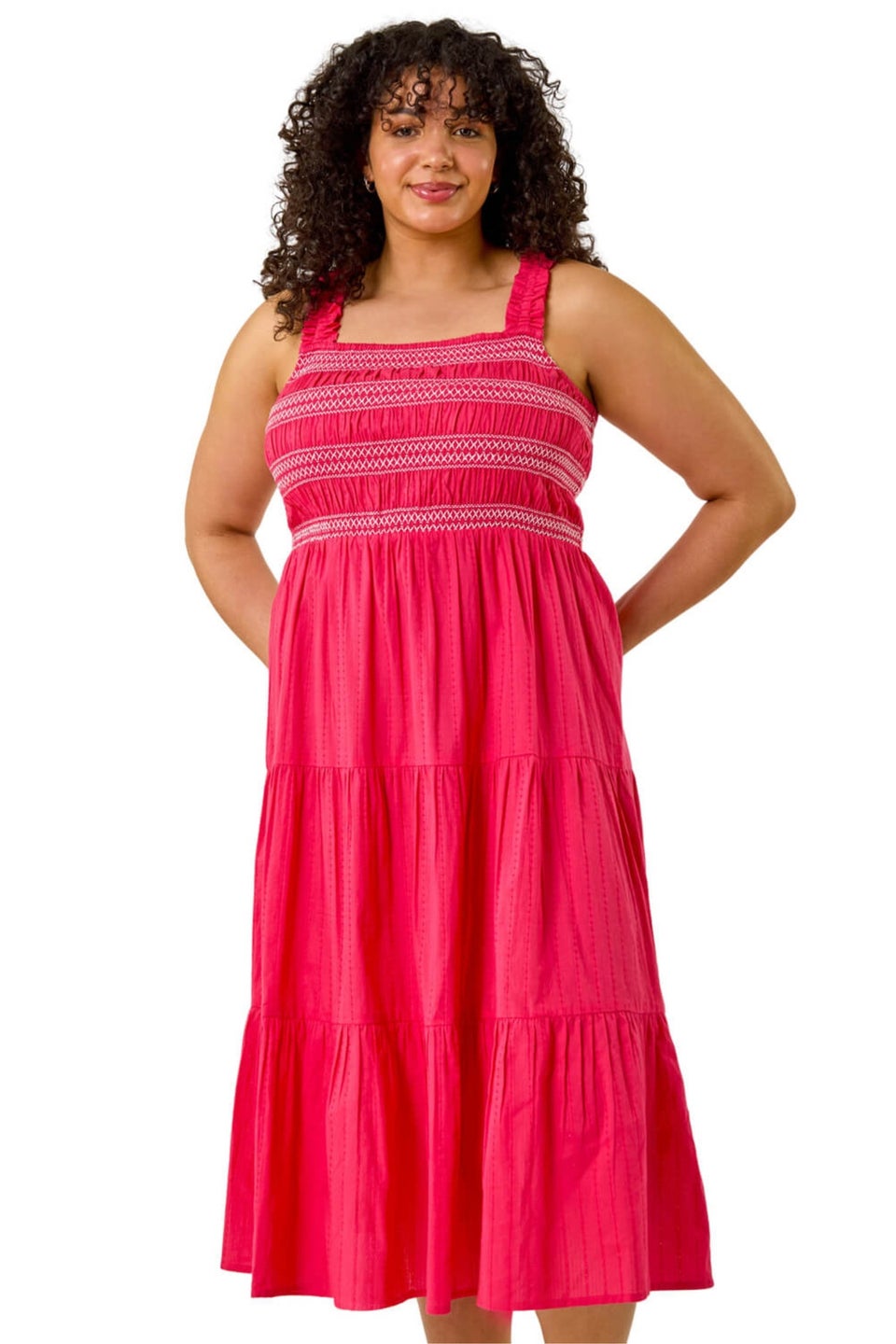 Roman Pink Curve Strappy Shirred Midi Dress