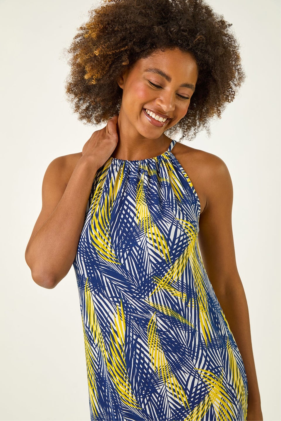 Roman Yellow Gathered Palm Print Swing Stretch Dress