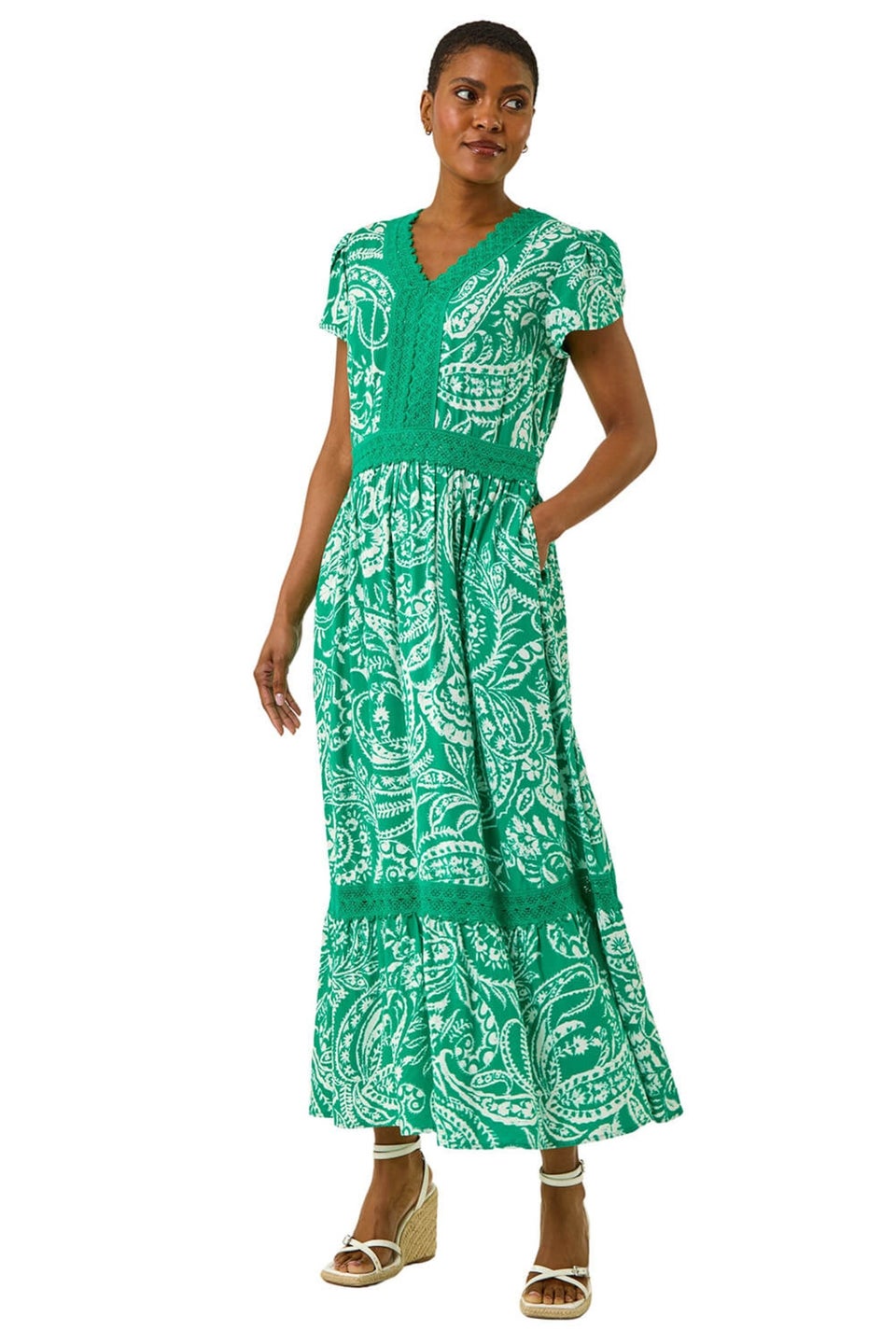 Roman Green Paisley Lace Trim Maxi Dress