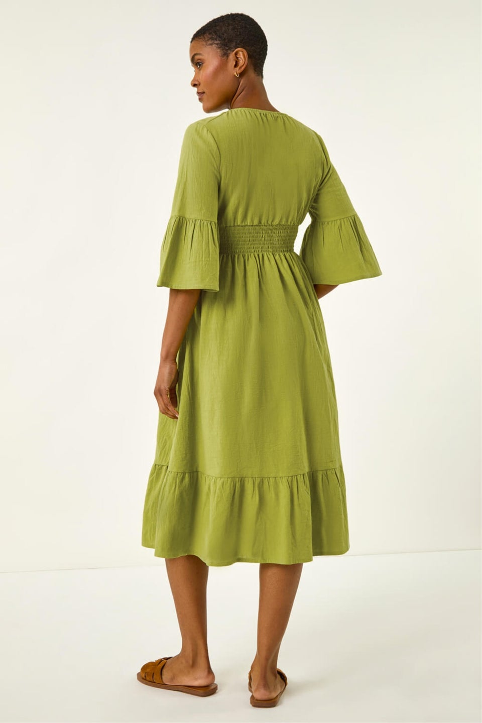 Roman Lime Linen Look Shirred Midi Dress